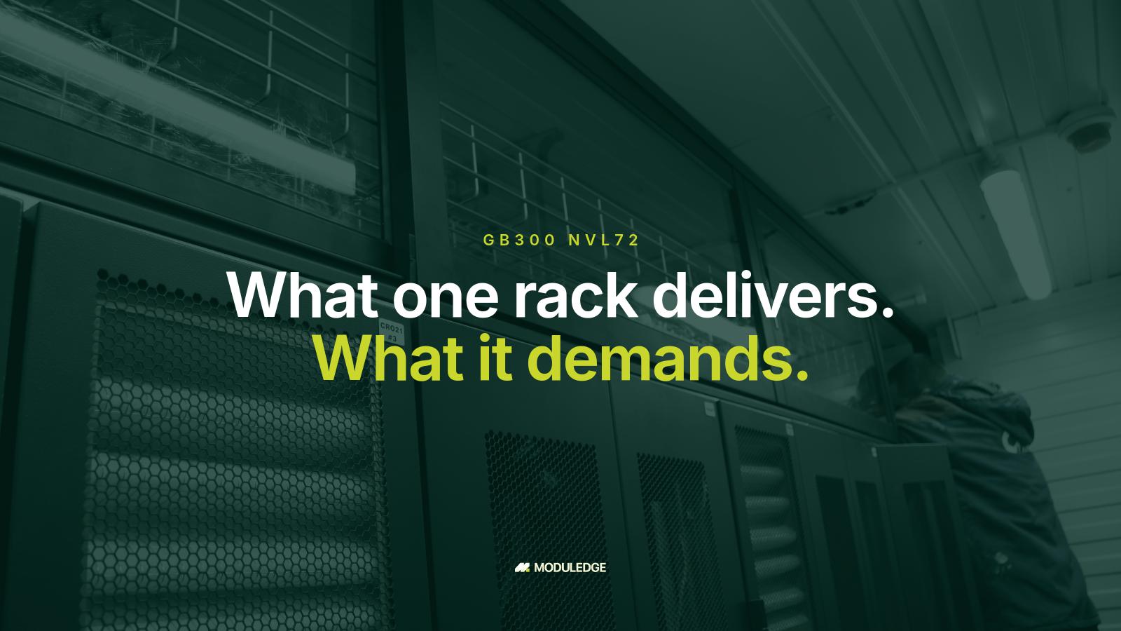 Server cabinets and overhead cable trays inside a modular data-center room, with the headline "What one rack delivers. What it demands."