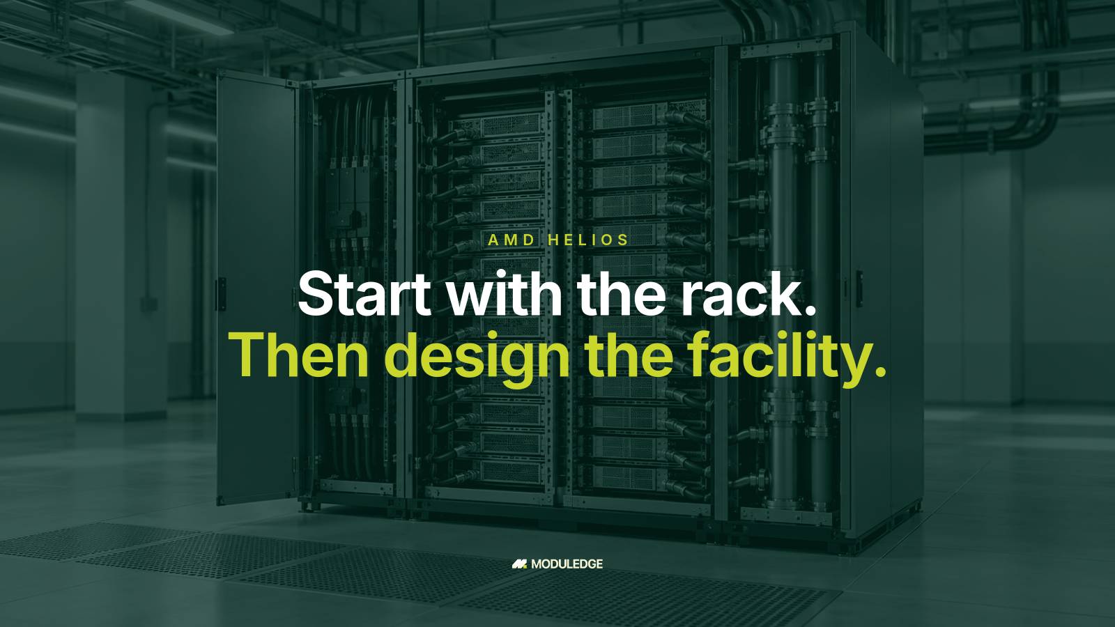 Conceptual illustration of a wide AI server rack with power and liquid-cooling interfaces, with the headline "Start with the rack. Then design the facility."