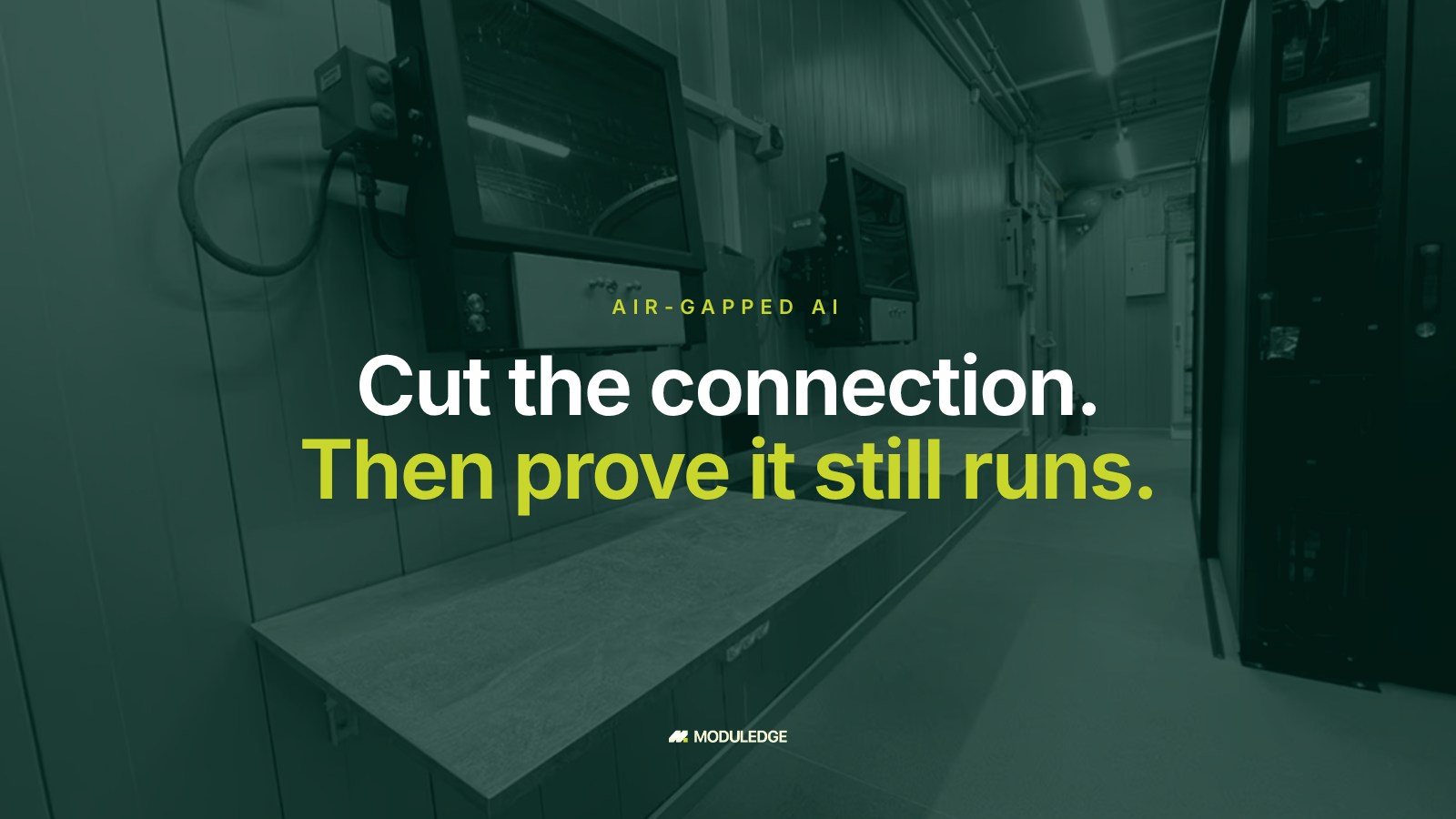 Equipment room with server racks and workstations, with the headline “Cut the connection. Then prove it still runs.”