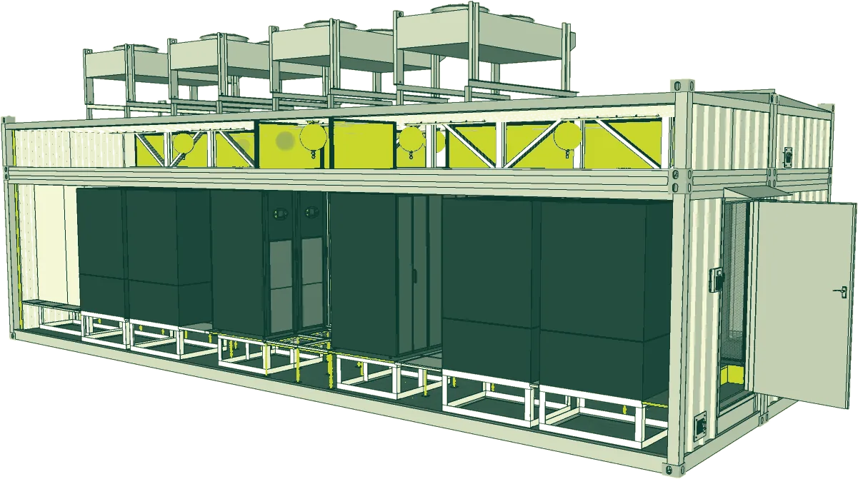 Type L cutaway: racks, power and cooling inside the module