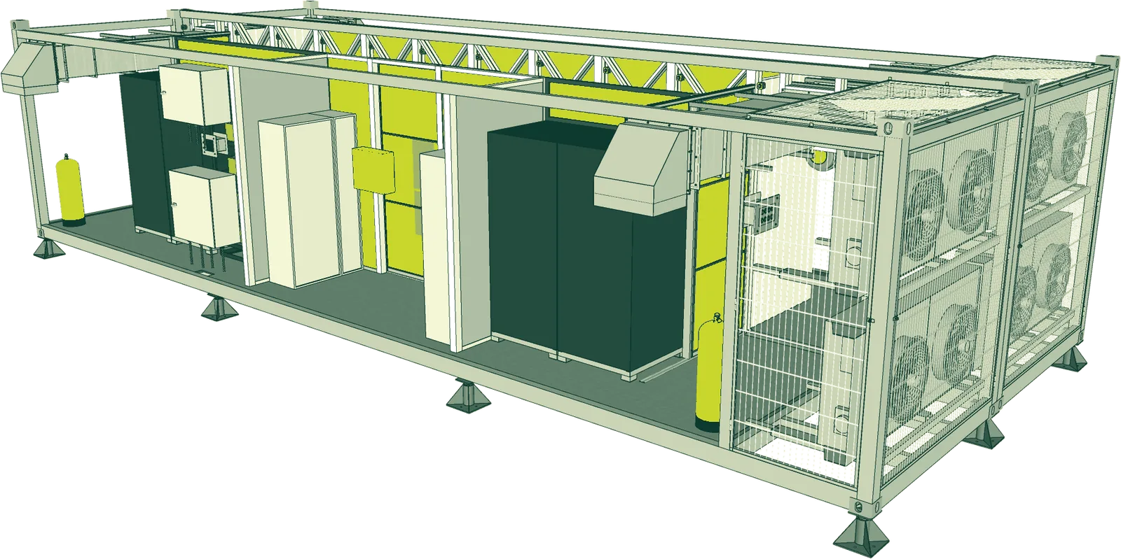 Type M cutaway: racks, power and cooling inside the module