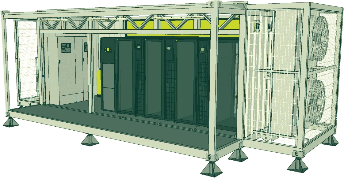 Type S cutaway: racks, power and cooling inside the module