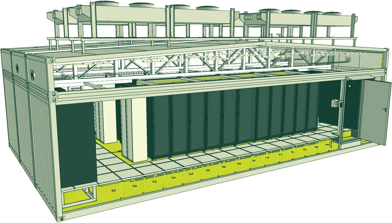 Type XL cutaway: racks, power and cooling inside the module