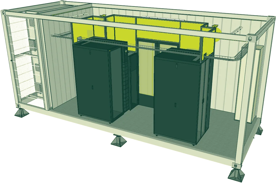 Type XS cutaway: racks, power and cooling inside the module